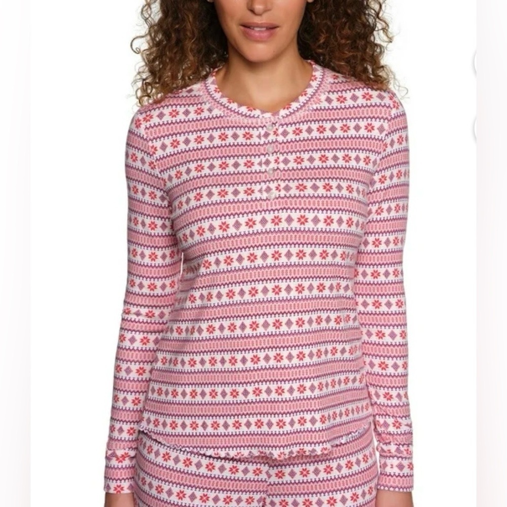LOFT Women’s Pointelle Knit Henley Pajama Set Cream/Snowflakes, Elastic Waist - Picture 5 of 8